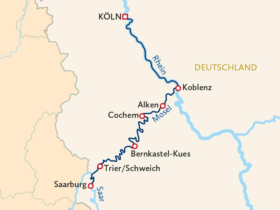Karte zeigt Mosel-Region in Deutschland mit Städten wie Trier und Koblenz entlang des Flusses.