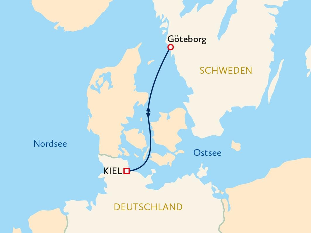 Route von Kiel, Deutschland nach Göteborg, Schweden über die Ostsee. Entdecke Skandinavien!