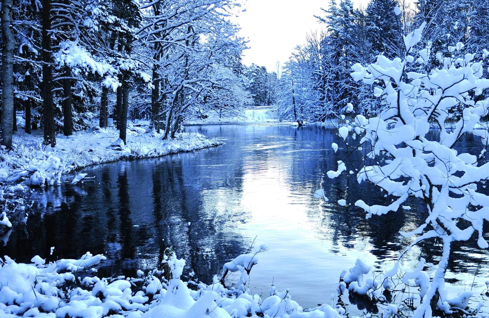 Verschneite Landschaft in Schweden, ruhiger Fluss und winterliche Bäume spiegeln die Stille.